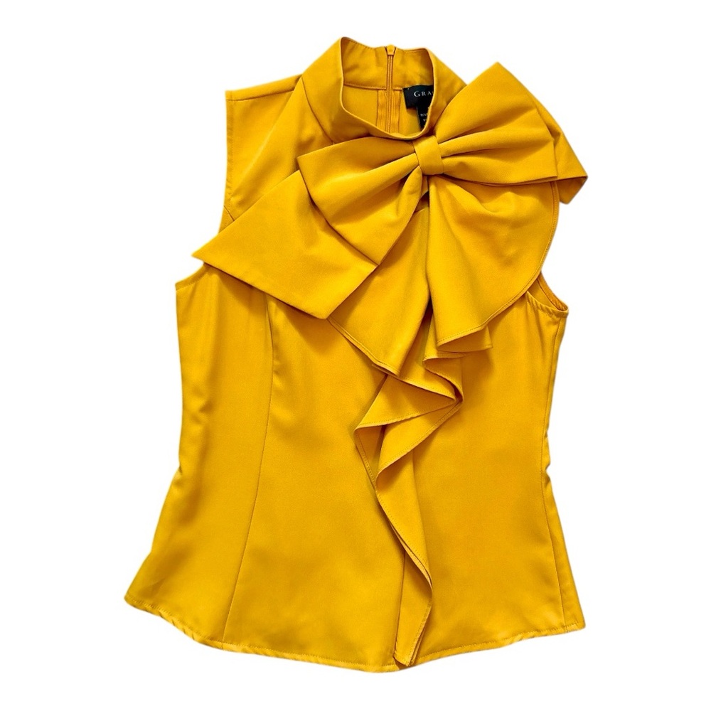 Gracia Big Bow Ruffle Mustard Yellow Sleeveless Top Size Small - Picture 2 of 9